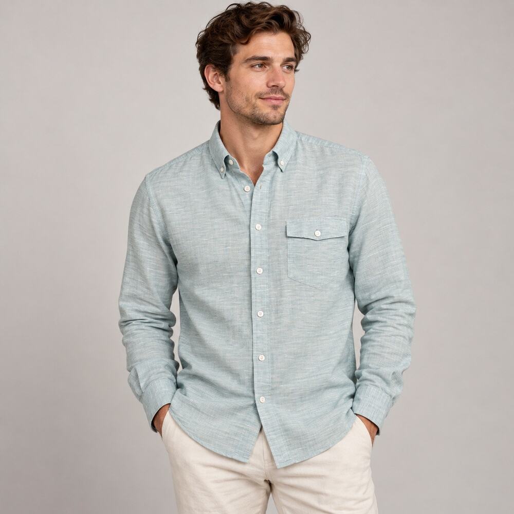J.Crew Baird McNutt Linen Cotton Slim Button Down Shirt Blue Green Men’s M